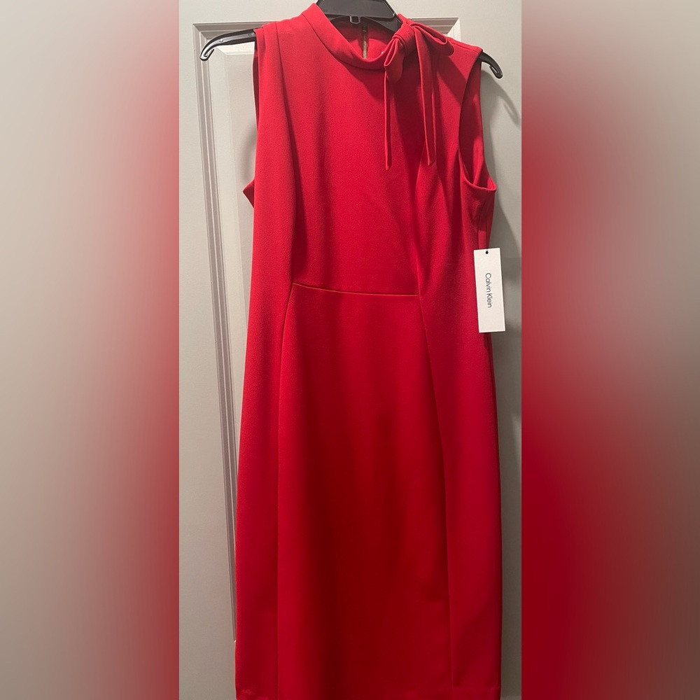Red Calvin Klein Mock Neck Bow Women's Dress - Picture 2 of 7